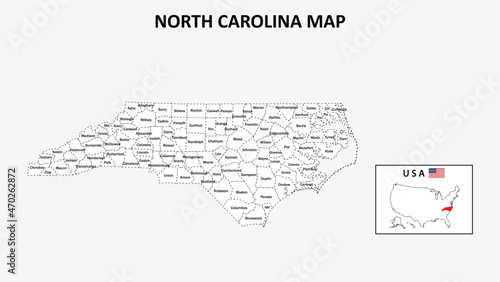 North Carolina Map. State and district map of North Carolina. Administrative map of North Carolina with district and capital in white color.