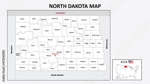 North Dakota Map. Political map of North Dakota with boundaries in white color.