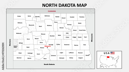 North Dakota Map. Political map of North Dakota with boundaries in white color. photo