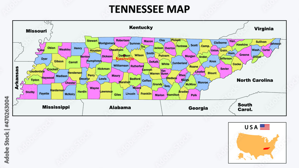 Tennessee Map. State and district map of Tennessee. Political map of