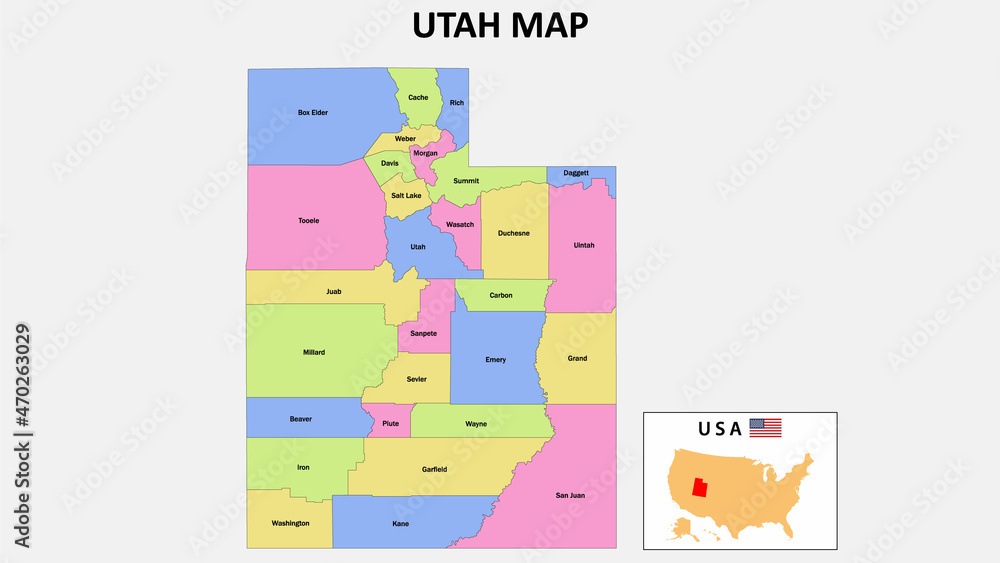 Utah Map. District map of Utah in District map of Utah. color with capital.