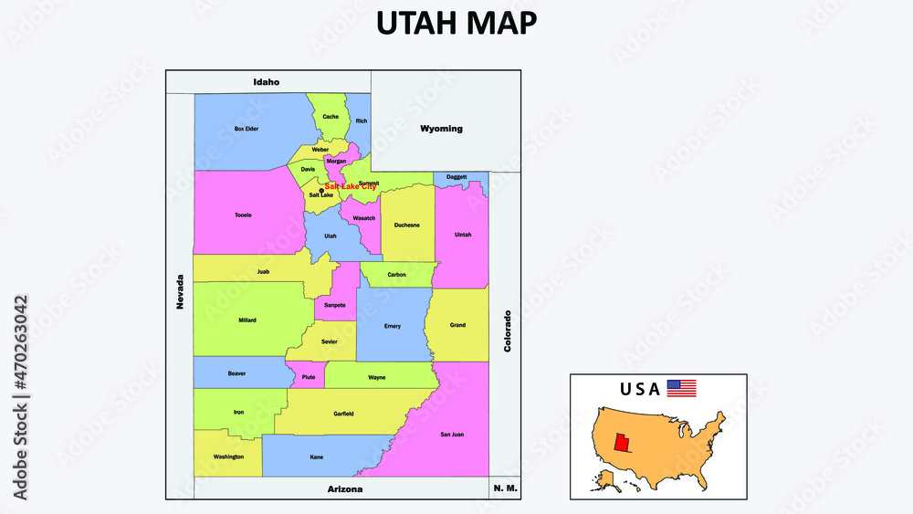 Utah Map. State and district map of Utah. Political map of Utah with ...