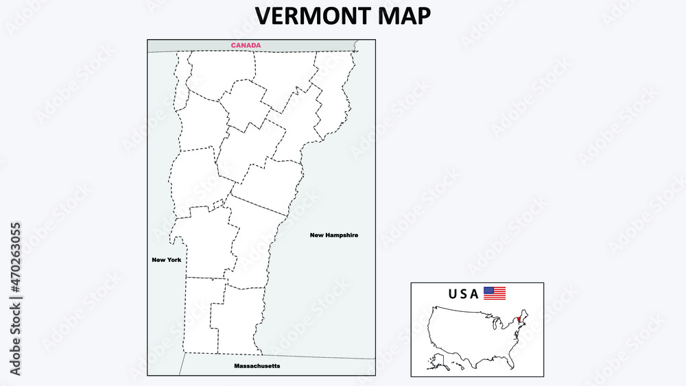 Vermont Map. Political map of Vermont with boundaries in Outline. Stock