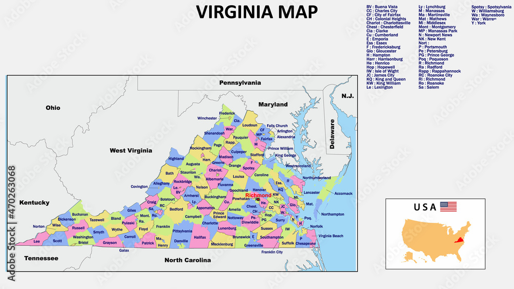 Virginia Map. State and district map of Virginia. Political map of 