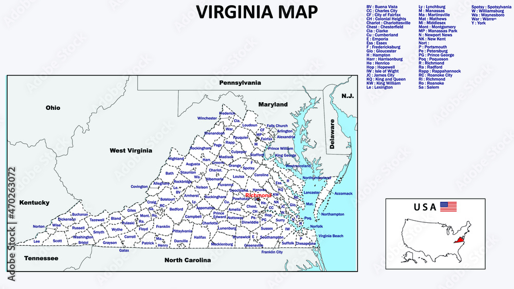 Virginia Map. Political map of Virginia with boundaries in white color