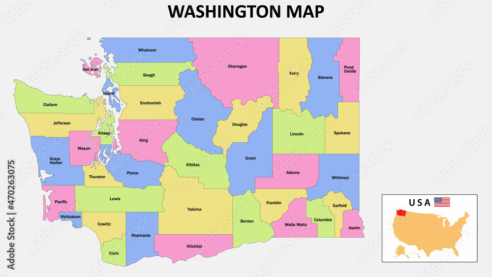 Washington Map. District map of Washington in District map of Washington with color with capital. Washington Map. District map of Washington in District map of Washington with color with capital.