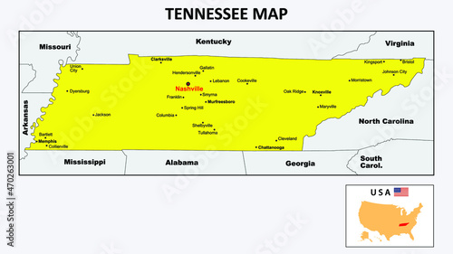 Tennessee Map. State and district map of Tennessee. Political map of Tennessee with the major district