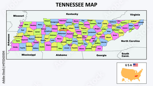 Tennessee Map. State and district map of Tennessee. Political map of Tennessee with neighboring countries and borders.