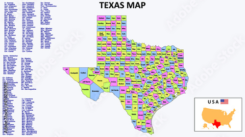 Texas Map. District map of Texas in District map of Texas in color with capital. photo