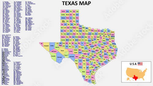 Texas Map. District map of Texas in District map of Texas in color with capital. photo