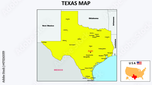 Texas Map. State and district map of Texas. Political map of Texas with the major district