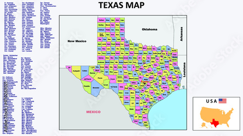 Texas Map. State and district map of Texas. Political map of Texas with neighboring countries and borders.