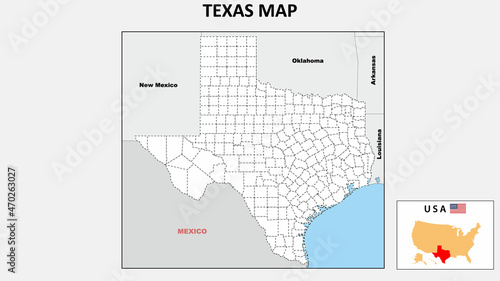 Texas Map. Political map of Texas with boundaries in Outline. photo