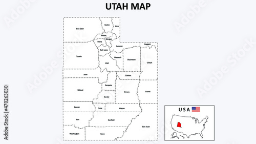 Utah Map. State and district map of Utah. Administrative map of Utah with district and capital in white color.