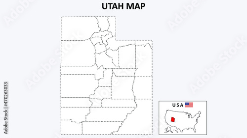 Utah Map. State and district map of Utah. Political map of Utah with outline and black and white design.