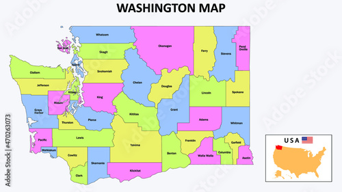 Washington Map. District map of Washington in District map of Washington with color with capital.