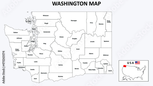 Washington Map. State and district map of Washington. Administrative map of Washington with district and capital in white color.
