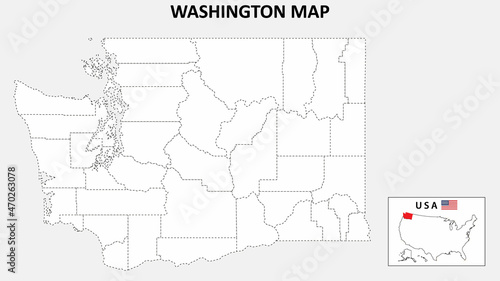 Washington Map. State and district map of Washington. Political map of Washington with outline and black and white design. photo