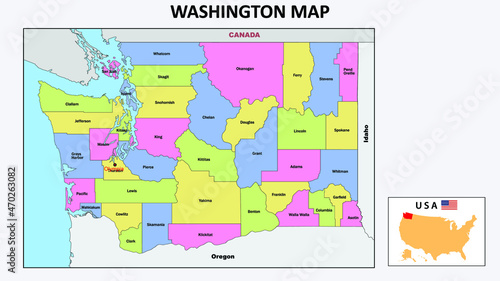 Washington Map. State and district map of Washington. Political map of Washington with neighboring countries and borders.