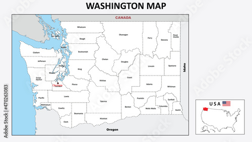 Washington Map. Political map of Washington with boundaries in white color.