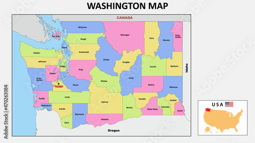 Washington Map. State and district map of Washington. Political map of Washington with neighboring countries and borders. photo