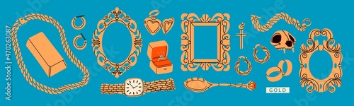 Big Golden set. Precious jewelry concept. Gold bar, earrings, heart shaped locket, frame, skull, wedding rings, wrist watch, golden chain, bracelet, cross, spoon. Hand drawn modern Vector illustration