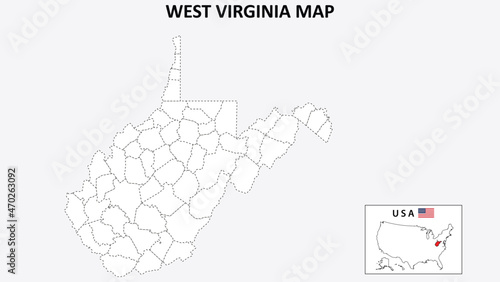 West Virginia Map. State and district map of West Virginia. Political map of West Virginia with outline and black and white design.
