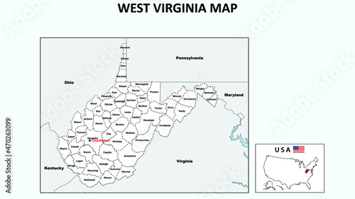 West Virginia Map. Political map of West Virginia with boundaries in white color.