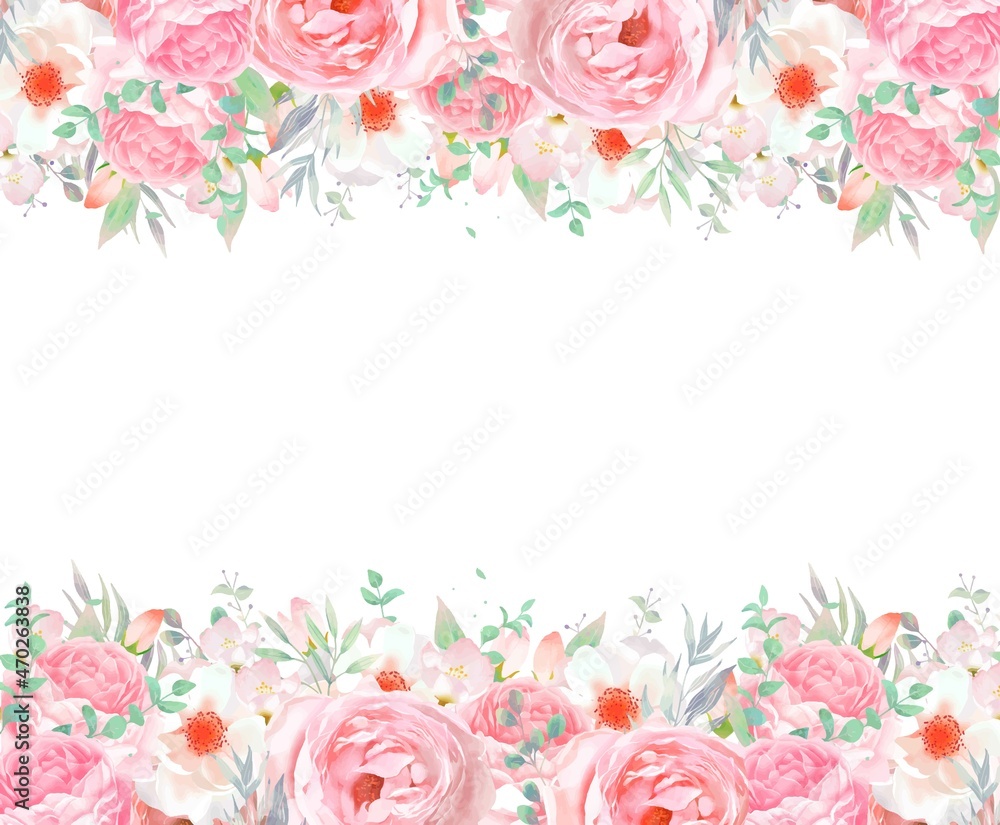 優しい色使いのピンク系のバラの花とリーフのフレームベクターイラスト素材