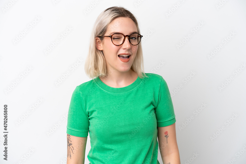Young caucasian woman isolated on white background With glasses and happy expression