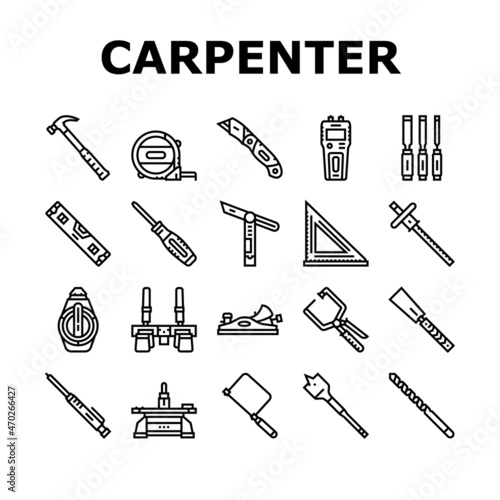 Carpenter Tool And Accessory Icons Set Vector. Carpenter Pencil And Chisel, Saw And Hammer, Sliding Bevel And Tape Meter Measuring Equipment. Carpenting Instrument Black Contour Illustrations