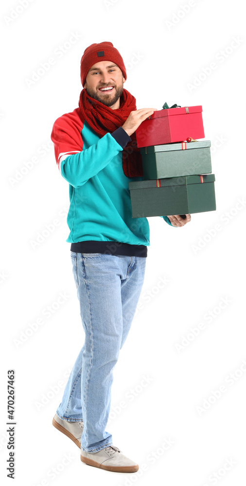 Handsome man with Christmas gifts on white background Handsome man with Christmas gifts on white background