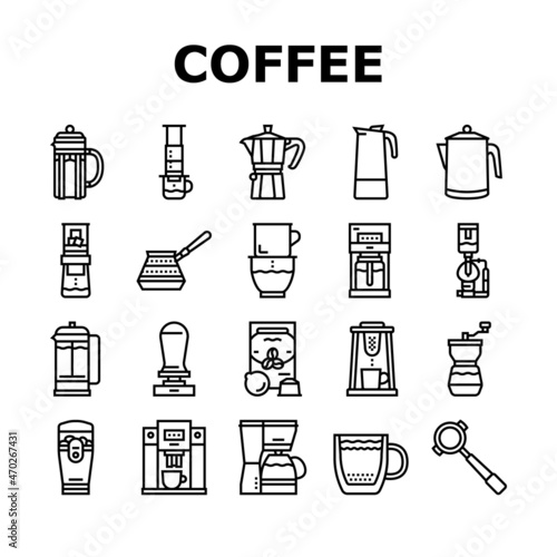 Coffee Make Machine And Accessory Icons Set Vector. Coffee Maker Electronic Device And Aeropress Tool, Syphon And Percolator, Grinder And Tamper For Prepare Energy Drink Black Contour Illustrations