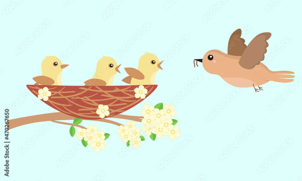 Three chicks in the nest and mother bird flying to feed them. Cartoon vector illustration for kids