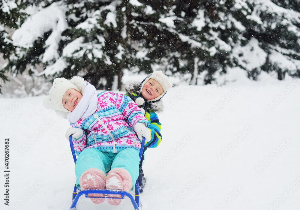 two children a boy and a girl in multi-colored winter clothes ride on a sled against the background of snowfall and winter forest. Winter entertainment