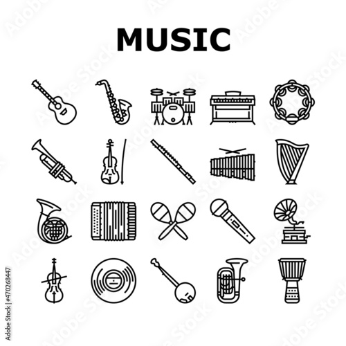 Music Instruments Performance Icons Set Vector. Saxophone And Trumpet, Guitar And Violin, Tambourine And Accordion Music Instrument. Gramophone And Vinyl For Listen Song Black Contour Illustrations