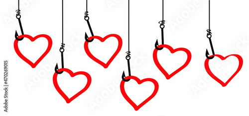 Cartoon fishing hook with love heart banner. Fishing with lover. Fish rods icon or pictogram. I love fishing for 14 february, valentine, valentines day