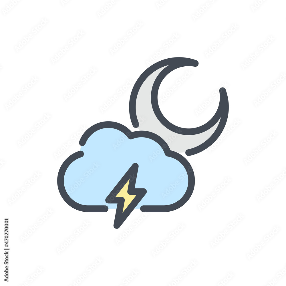 Moon crescent and cloud with lightning color line icon. Weather and Climate vector outline colorful sign. Moon crescent and cloud with lightning color line icon. Weather and Climate vector outline colorful sign.