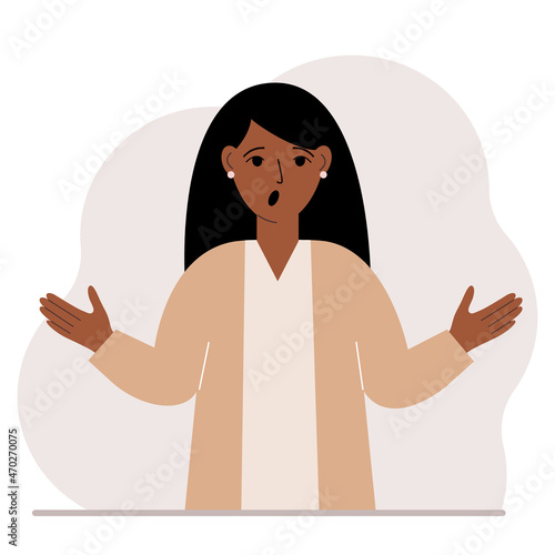 The woman is screaming and upset. Hands are spread out in different directions. Vector