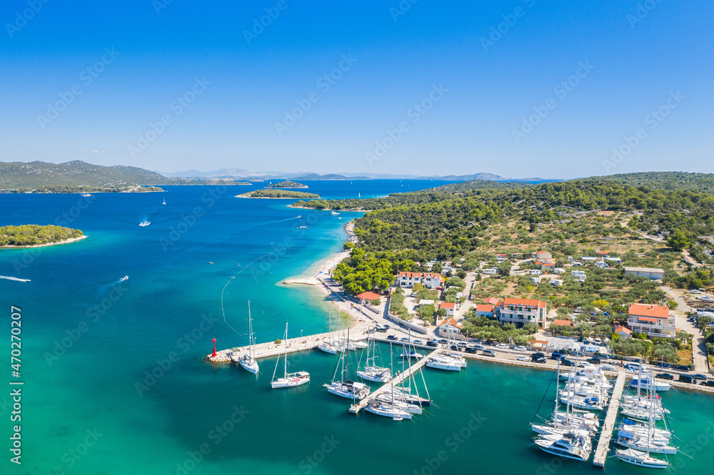 Town of Jezera on the island of Murter, Dalmatia, Croatia, aerial panoramic view