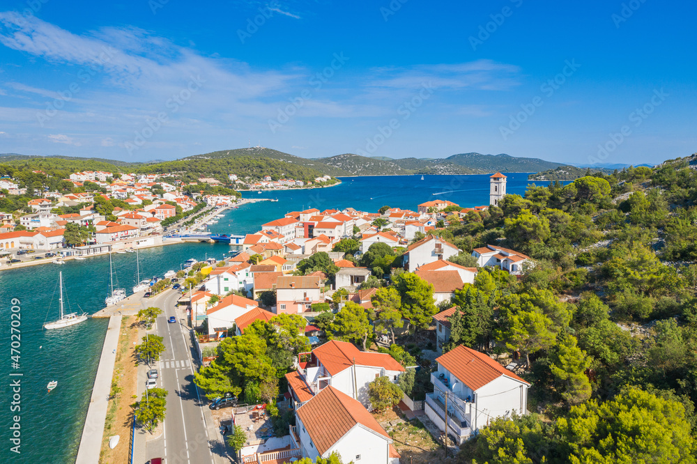 Town of Tisno on the island of Murter, Dalmatia, Croatia, aerial panoramic view