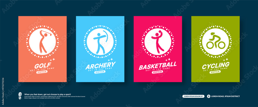 Naklejka premium Minimal Sport cards set, Sport icons flat design concept. Golf, Archery, Basketball and Cycling tournament poster templates
