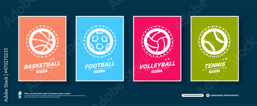 Minimal  Sport cards set, Sport balls icon flat design concept. Basketball, Football, Volleyball and Tennis tournament poster templates