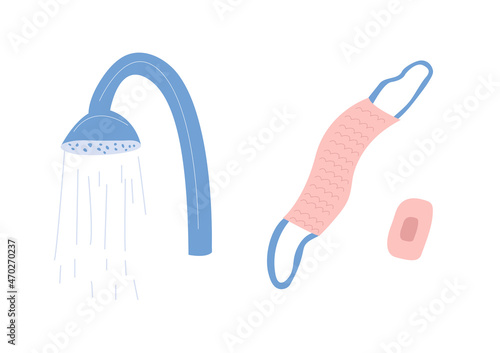 Vector cute  shower washcloth and soap in trending colors drawn in flat style isolated on white background