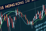 Candlestick chart of an dropping index or stock with moving averages. Hong Kong and the time on the upper edge of the digital trading screen. Stocks, forex and commodity concept. 3D illustration