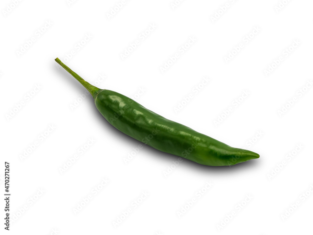 With clipping path, a green spicy chili pepper is isolated on a white background. With clipping path, a green spicy chili pepper is isolated on a white background.