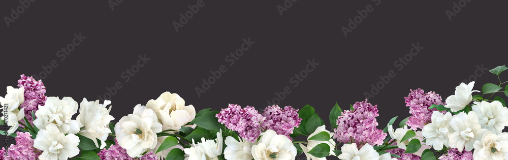 Floral banner, header with copy space. White tulips and lilac isolated on dark background. Natural flowers wallpaper or greeting card.