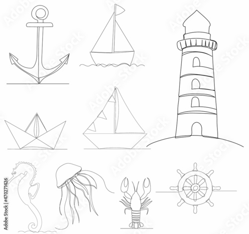 one line drawing marine icons on white background, vector