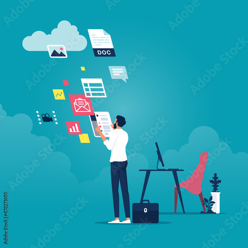 Concept of sharing file to cloud service, businessman send files for business to the cloud storage