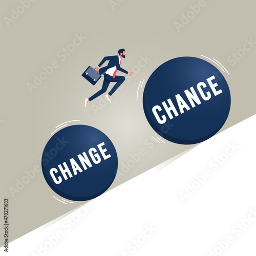 Change in to chance concept, Business man jumping over change to chance ball